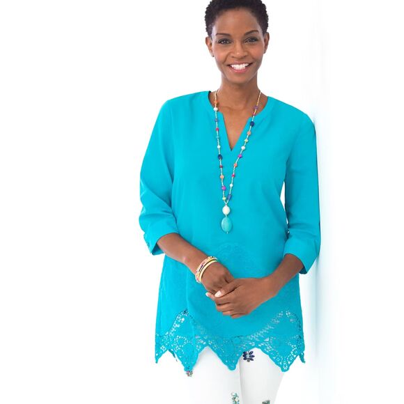 CHICO'S Boho Cottage Peasant Embroidered Lace Trim Tunic Size 2 (L/12) - Picture 1 of 8